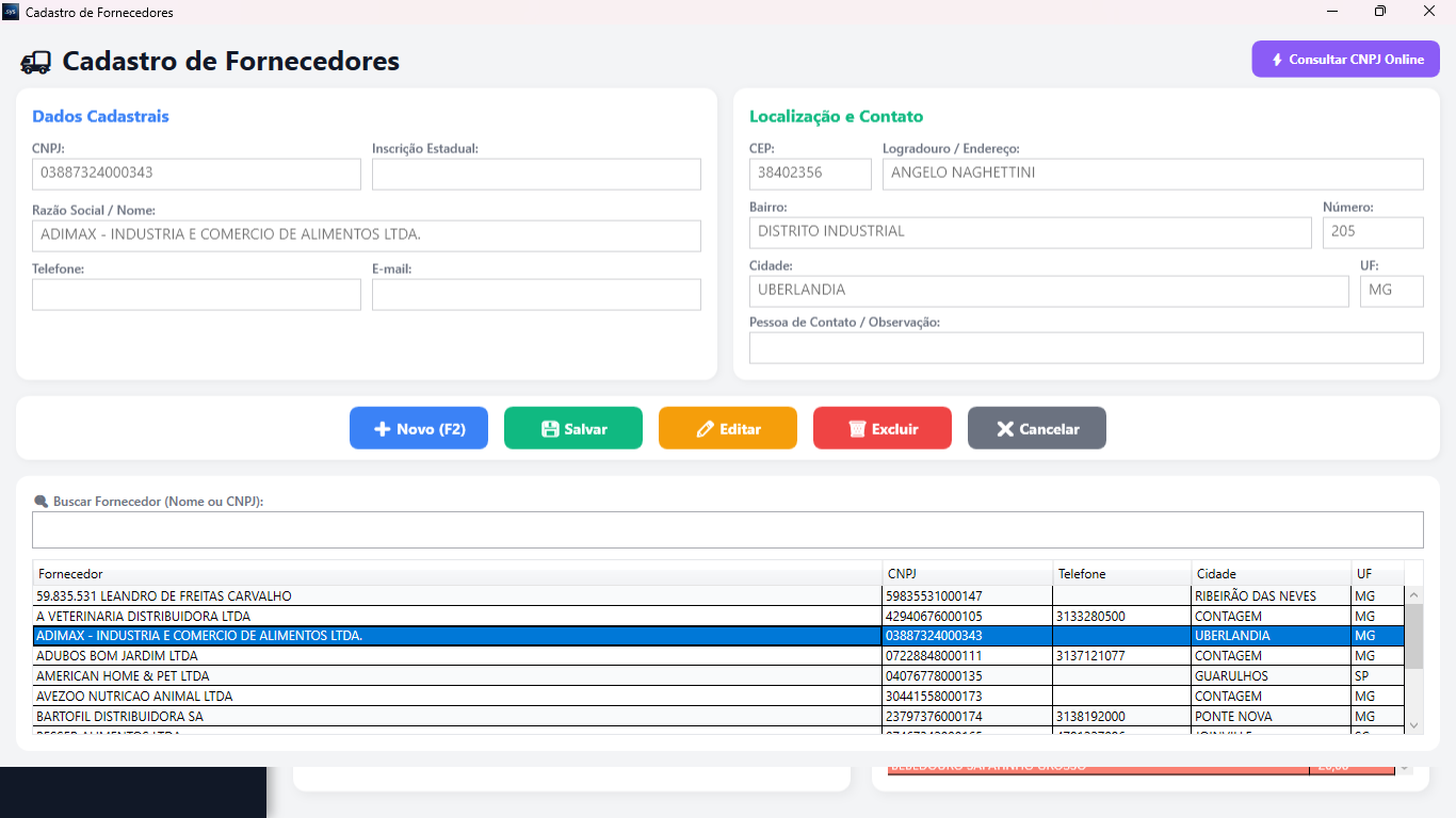 Cadastro de Fornecedores e Clientes