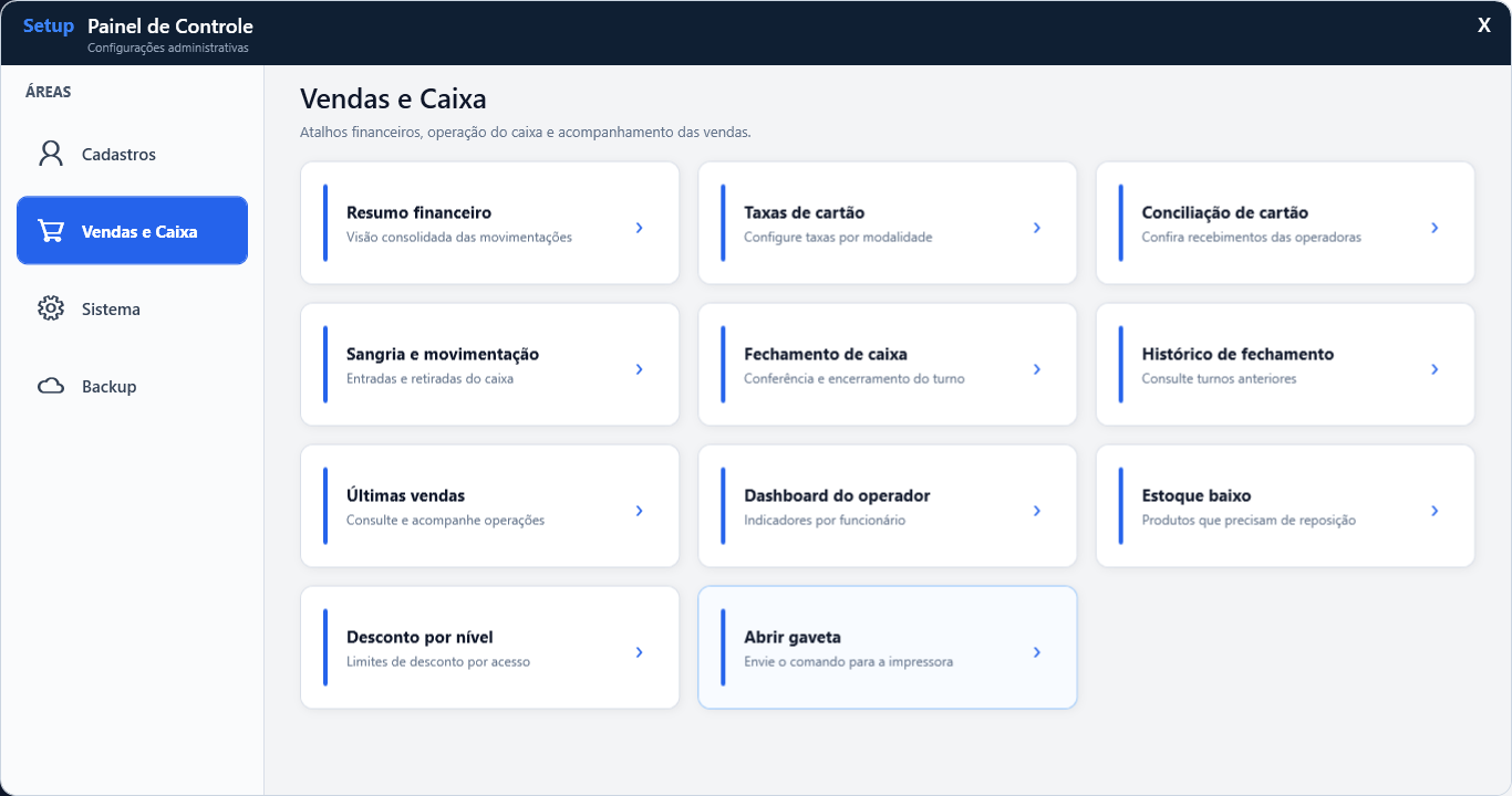 Configurações de vendas e caixa
