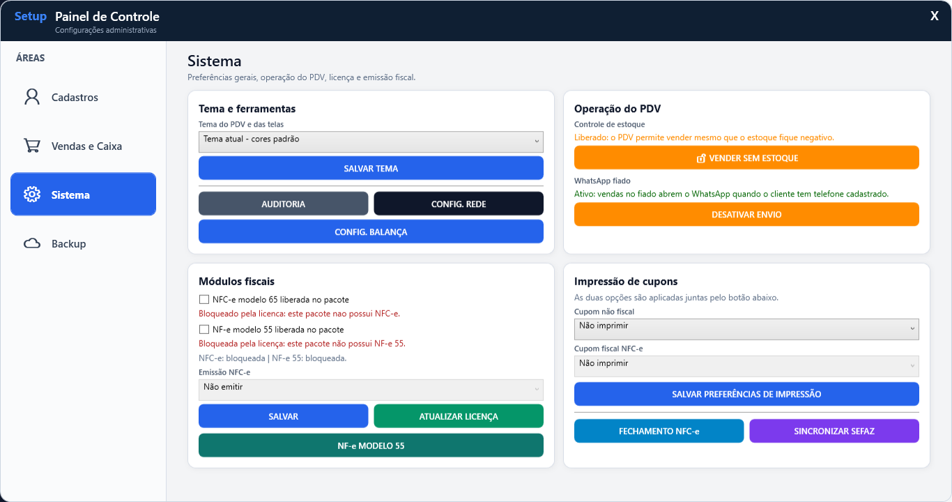 Configurações do sistema e impressão