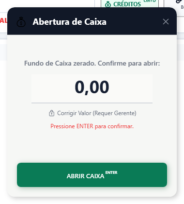 Tela de abertura de caixa