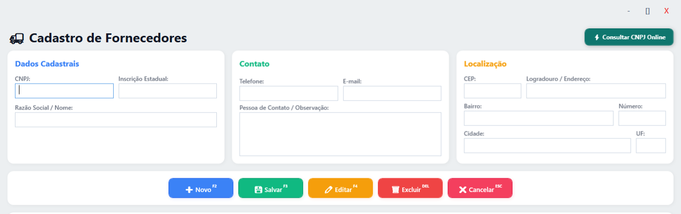 Formulário de cadastro de fornecedores
